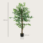 Green artificial ficus tree with dark pot; height and width shown