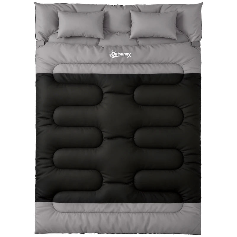 Double sleeping bag with two pillows, black and grey; quilted front view.