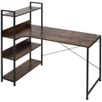 Industrial L-shaped office desk with open metal shelves and dark brown tabletop