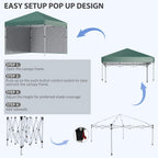 Green pop-up gazebo with illustrated setup steps, open frame and raised canopy
