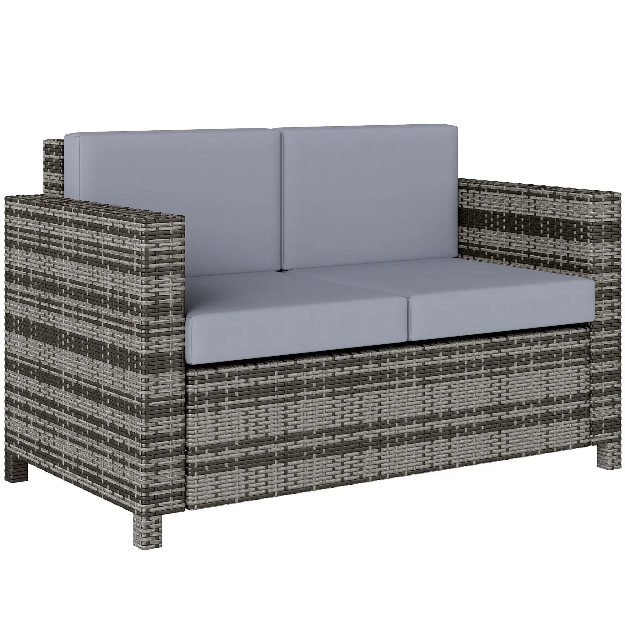 Rattan Sofa, 2 Seater Garden Furniture with Soft Padded Cushion and Armrests, Wicker Garden Loveseat for Patio, Mixed Grey - Bobobiy