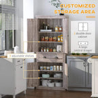 Kitchen storage cabinet open to show shelves and compartments with jar and container items