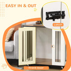 White dog crate front door with black latch hardware on hinged panel, on wheels