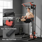 Power tower with thick elbow pads and non-slip foot pedals, black and red.