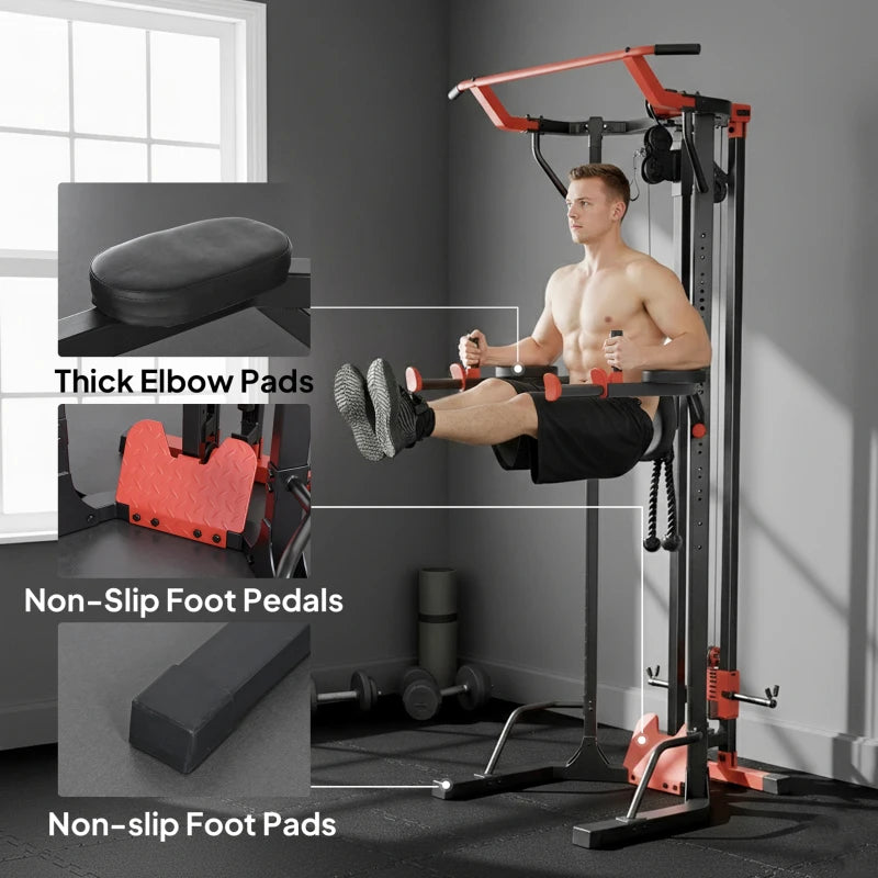Power tower with thick elbow pads and non-slip foot pedals, black and red.