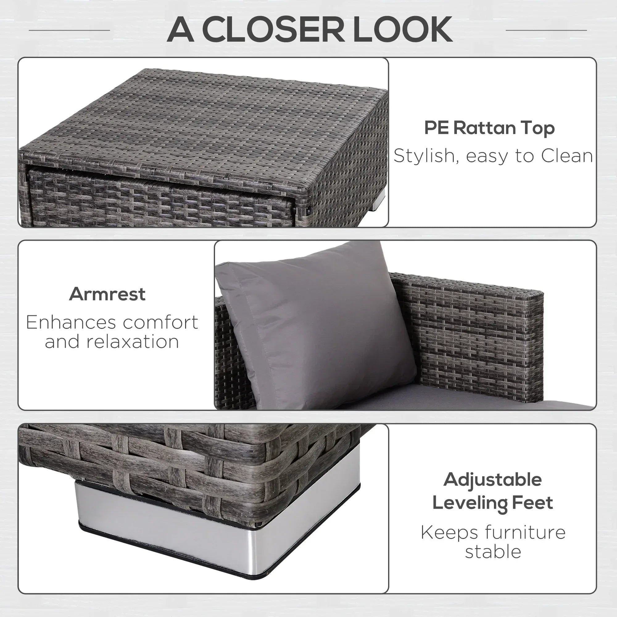 3PC Rattan Garden Furniture Storage Sofa Set 4 Seater Wicker Coffee Table Conservatory Sun Lounger Reclining Set Outdoor Weave with Cushion Grey - Bobobiy