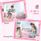 Pink toy box bench and storage box for kids, 2-in-1 bedroom setup