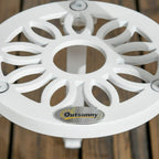 Close-up of white round table top base with rosette design and Outsunny badge