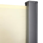 Cream privacy screen fabric with gray end post housing, retractable awning corner