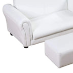 White padded toddler sofa chair armrest close-up with matching ottoman