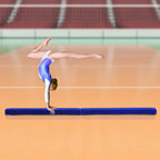 Blue folding balance beam with central hinge, for indoor gymnastics training