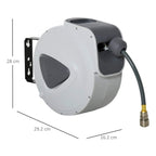 White retractable air hose reel with mounting bracket and coiled hose, front and side view
