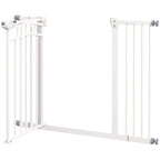 White pressure-fit dog stair gate with vertical bars and wall-mount hardware
