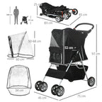 Black pet travel stroller with rain cover, four wheels and labeled size diagram