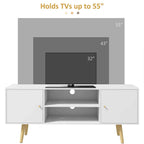 White TV stand cabinet holding up to 55-inch TVs with open center shelf and doors.