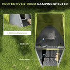 Two-room dome camping tent, lime yellow outer with gray inner and open doorway