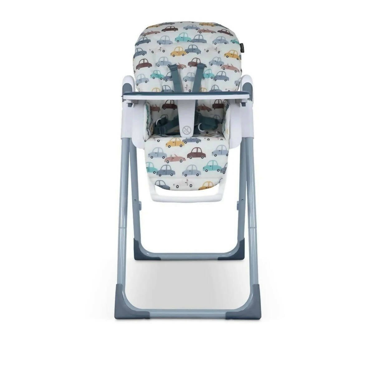 Cosatto Pip 0+ high chair, front view with car-pattern seat and white safety tray