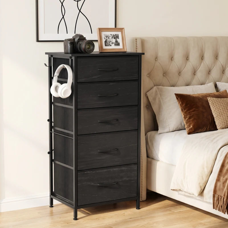 Black dresser with 5 drawers, 4 side pockets, and 2 hooks for headphones and accessories.
