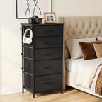 Black dresser with 5 drawers, 4 side pockets, and 2 hooks for headphones and accessories.