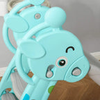 Close-up of teal deer face on toddler slide; large eyes and gray ramp detail
