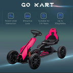 Pink kids pedal go-kart with adjustable seat, handbrake handle, and large EVA wheels
