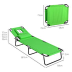 Green folding sun lounger with face hole, shown with dimensions and adjustable backrest.
