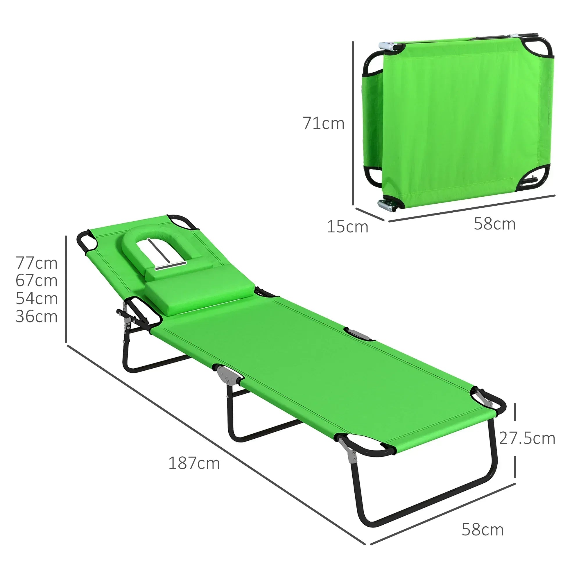 Folding Sun Loungers Set of 2 with Face Hole, 4-Position Adjustable Backrest Garden Recliner Chairs Sunbeds, Outdoor Lounge Chairs with 600 D Oxford Cloth Seat, Pillow for Beach, Green - Bobobiy