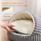 Grey and cream plush cat cave bed with soft cream inner lining
