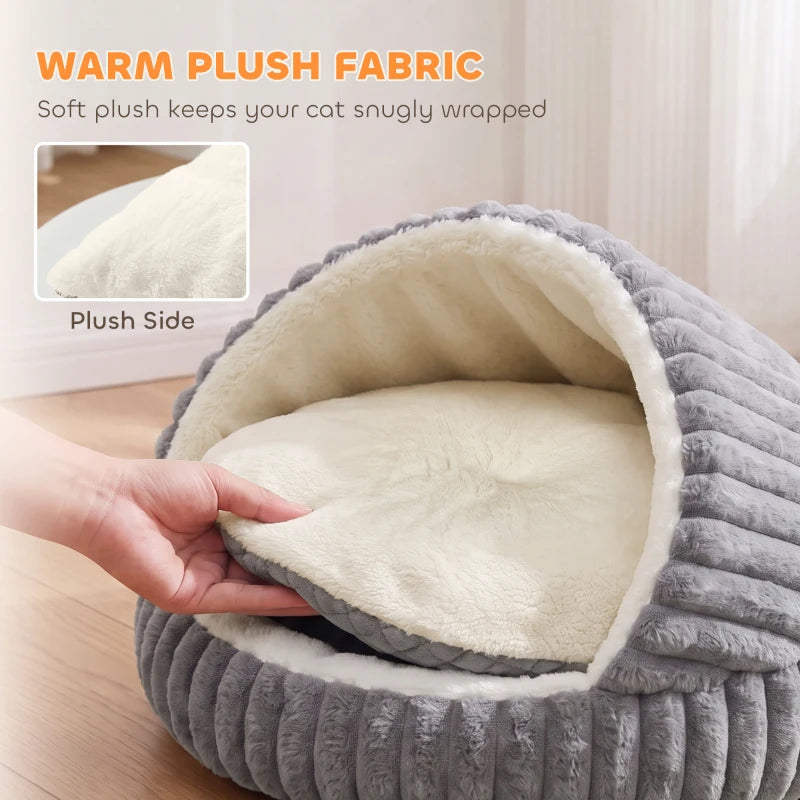 Grey and cream plush cat cave bed with soft cream inner lining