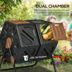 Dual-chamber composter with one tan door open, revealing compost inside the black unit