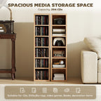 Natural wood media storage rack with two vertical shelf towers and open compartments