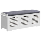 White shoe storage bench with gray cushion top and three slatted storage drawers