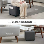 Grey square ottoman footstool with padded seat, side storage pocket, and dark legs