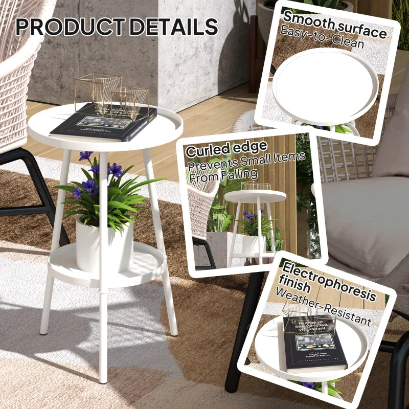 White two-tier metal garden table with curved edge and lower shelf