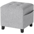 Square Footstool, Small Ottoman with Side Pocket, Linen Fabric Footrest Foot Stool with Rubber Wood Legs and Padded Seat for Living Room, Bedroom, Entryway, 35 x 35 x 35cm, Light Grey