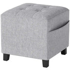 Light grey linen square ottoman with padded top and dark rubber wood legs