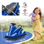 Blue electric bumper car with white racing stripe and checkered front panel, with LED lights