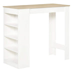 Bar table with natural wood top and white 4-tier open storage shelf on the side.