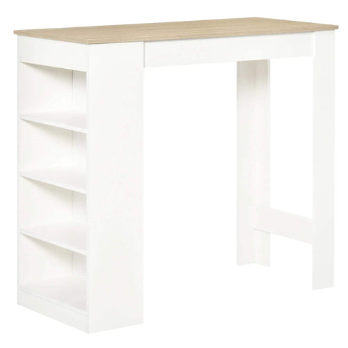 Bar table with natural wood top and white 4-tier open storage shelf on the side.