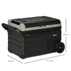 Black and grey portable cooler with fold-down handles and front wheel