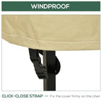 Tan chair cover with an adjustable click-close strap for securing it to a chair leg.