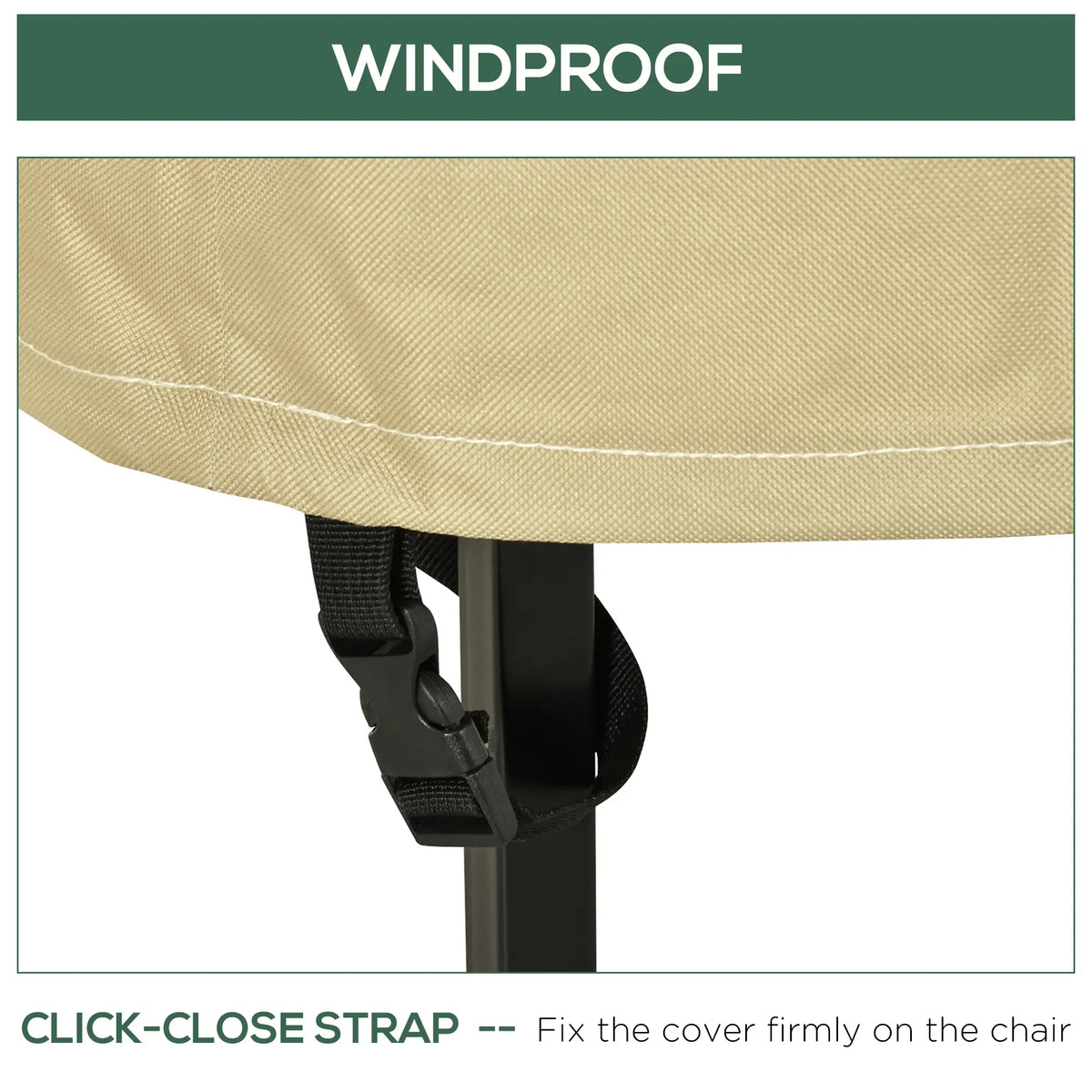 Tan chair cover with an adjustable click-close strap for securing it to a chair leg.