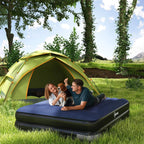 King-size air bed with blue mattress and dark gray sides, outdoors on a lawn.