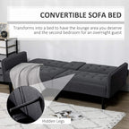 Grey convertible sofa bed opened for lounging with tufted back and hidden legs