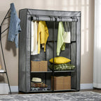 Light grey fabric wardrobe with hanging rail and shelves, open front with storage bins