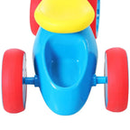 Blue balance bike seat and wheels with red wheel covers and front support