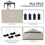Light grey gazebo double-top design with multiple stabilization legs and weight bags