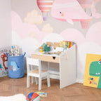 White kids study desk and chair set with light wood top and storage shelf