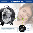 Black table fan with protective grille and top carrying handle