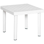 White square plastic outdoor side table with tiled top and four straight legs